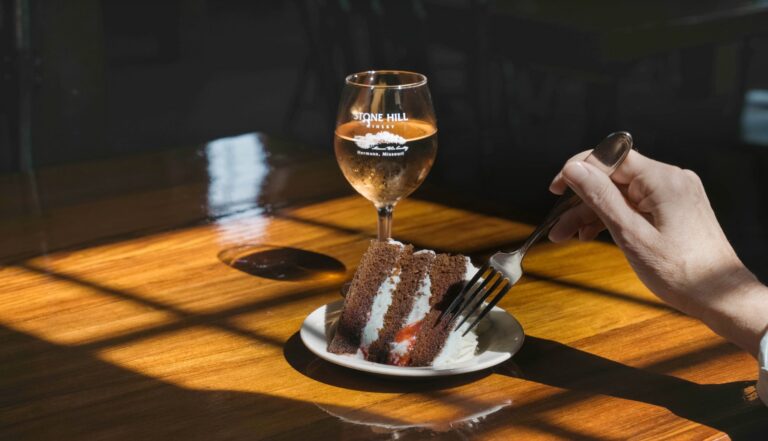 Slice of layered chocolate cake with a glass of wine on a sunlit wooden table